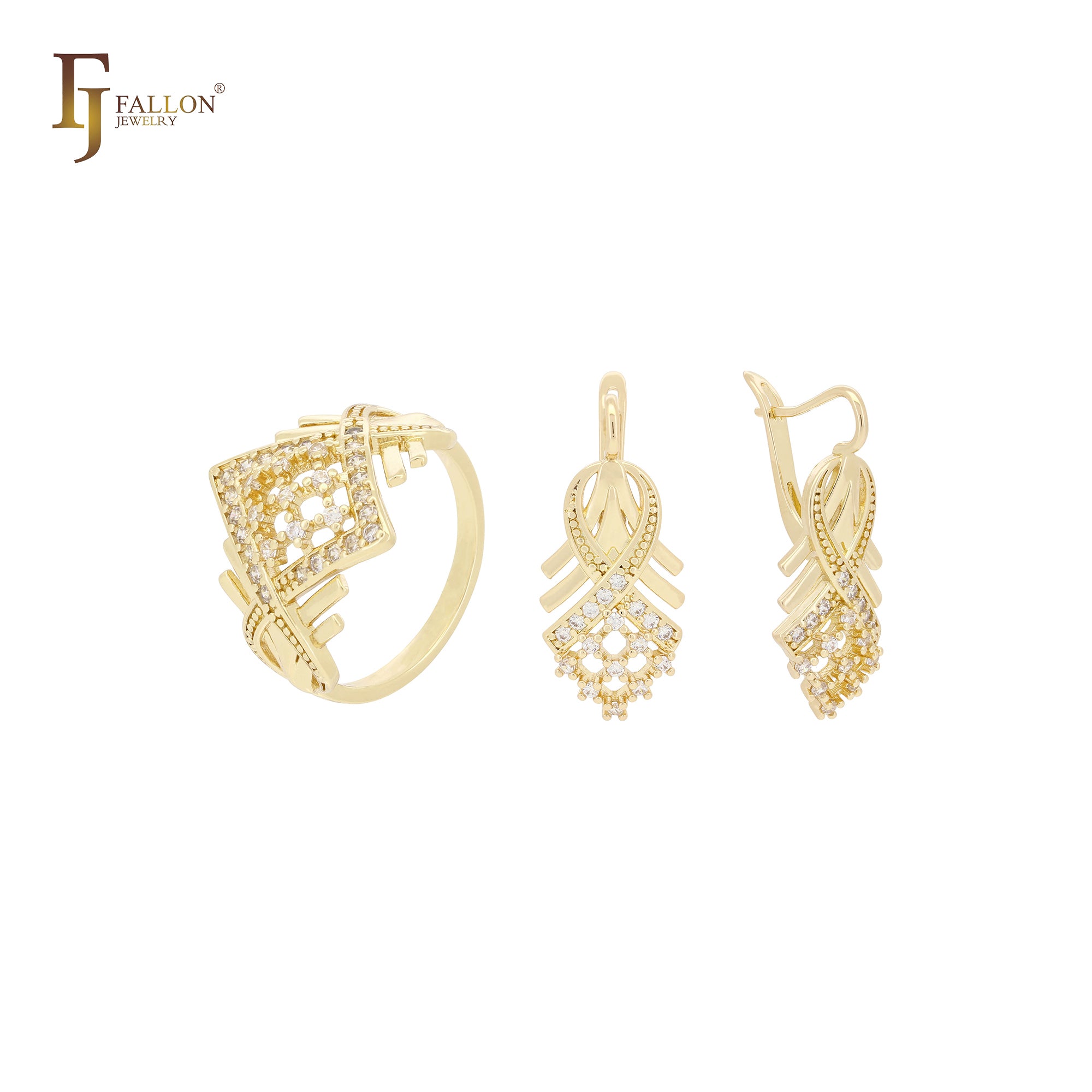 Elegante conjunto de joyas de oro rosa de 14 quilates con anillos y circonitas blancas en racimo