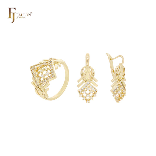 Elegante conjunto de joyas de oro rosa de 14 quilates con anillos y circonitas blancas en racimo