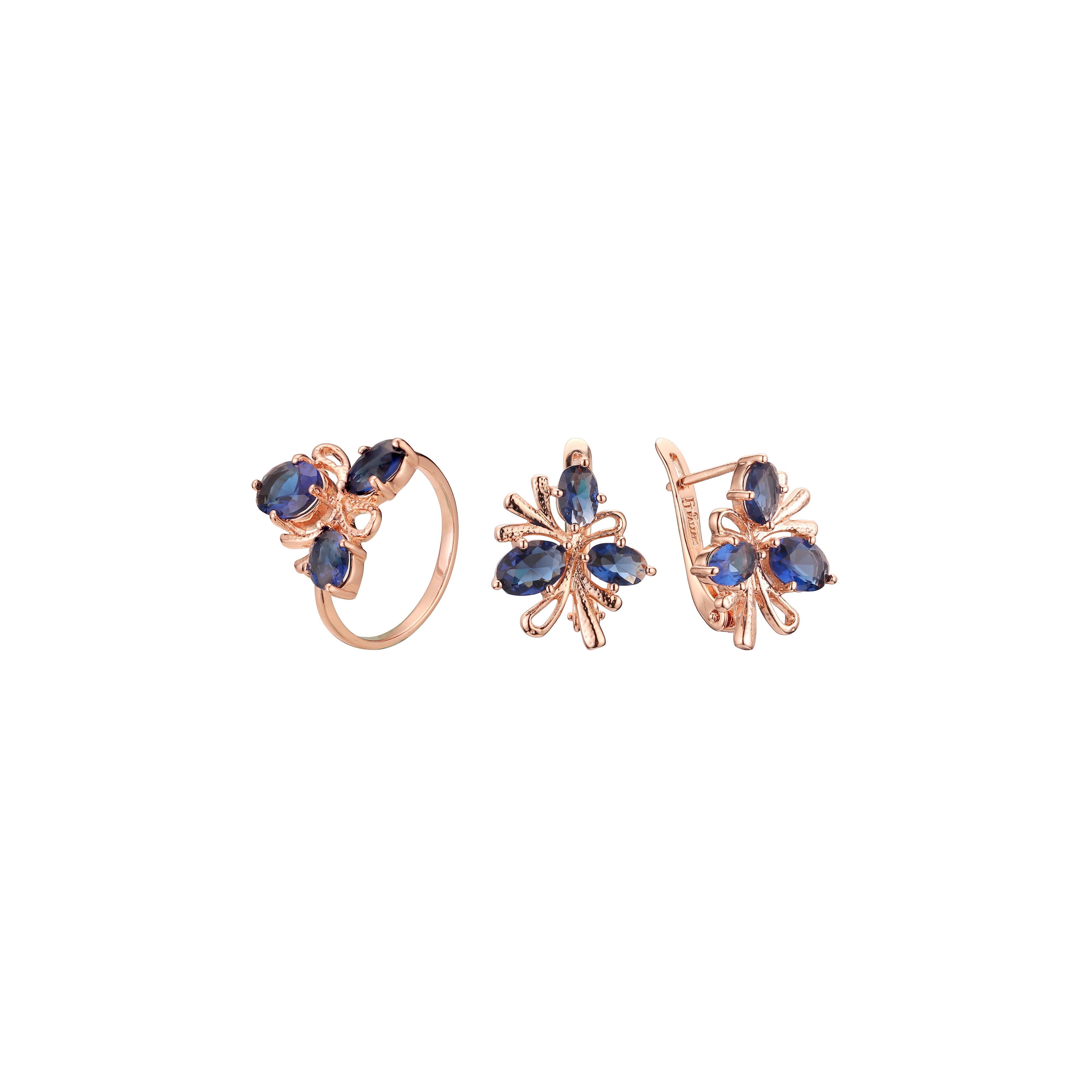 Conjunto de flores de tres piedras de oro rosa