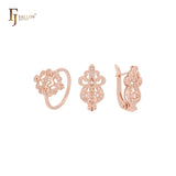 Conjunto de joyas de oro rosa de 14 quilates con circonitas blancas en filigrana y anillos.