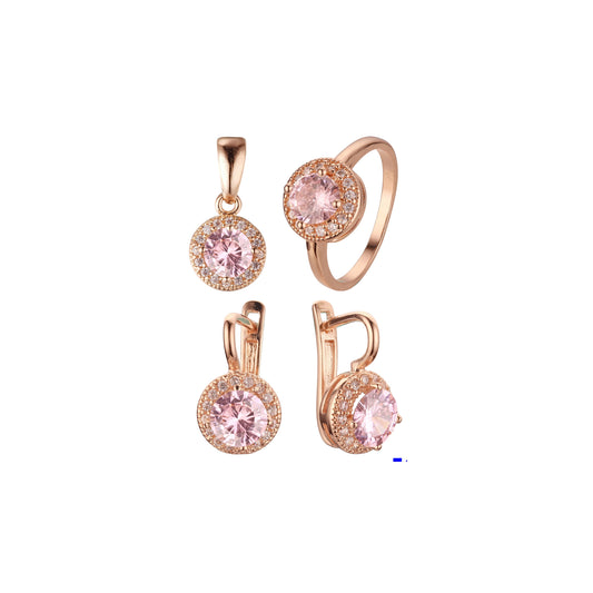Halo de Rosa: Conjunto de anillos y colgante chapados en oro rosa con halo de circonitas cúbicas redondas y grandes.