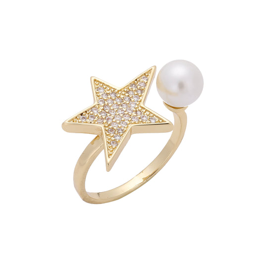 Anéis abertos em estrela e pérola em ouro 14K