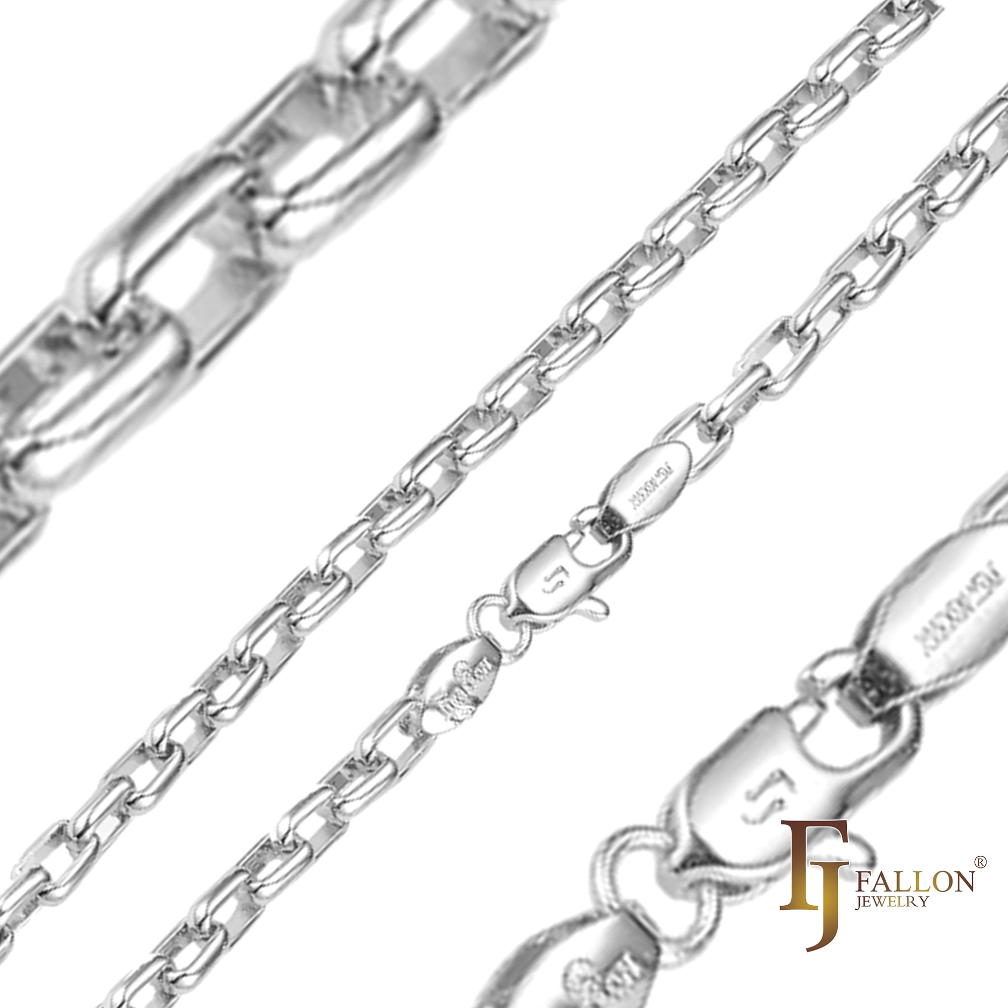 Oblong rounded box link chains plated in White Gold, 18K Gold, 14K Gold, Rose Gold, two tone