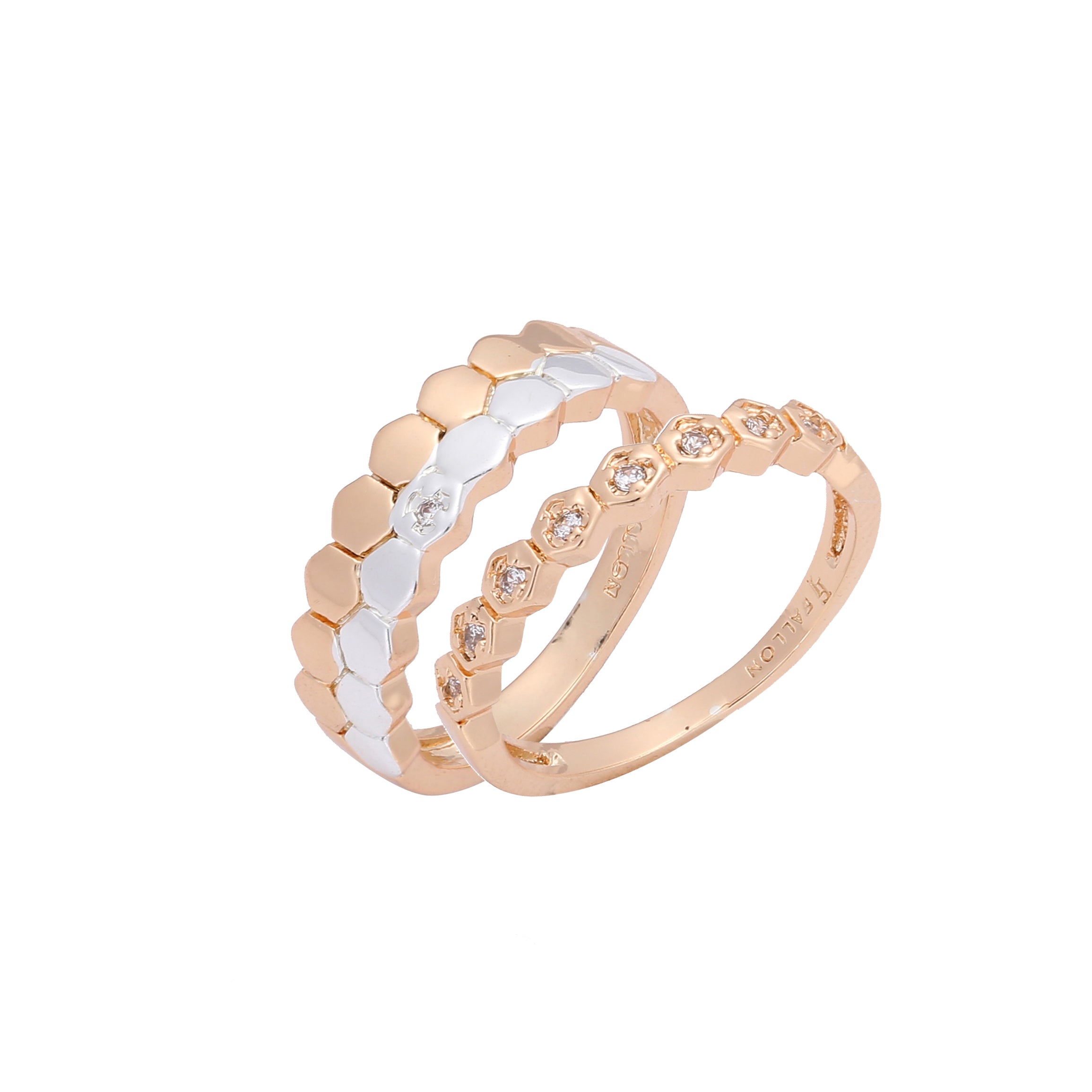 Anillos apilables de dos tonos, oro rosa, oro de 14 quilates y filas de conos dobles