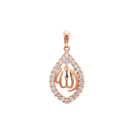 Allah-Zeichen, gepflasterter weißer Zirkonia-Heiligenschein, Roségold, islamischer Anhänger aus 14 Karat Gold