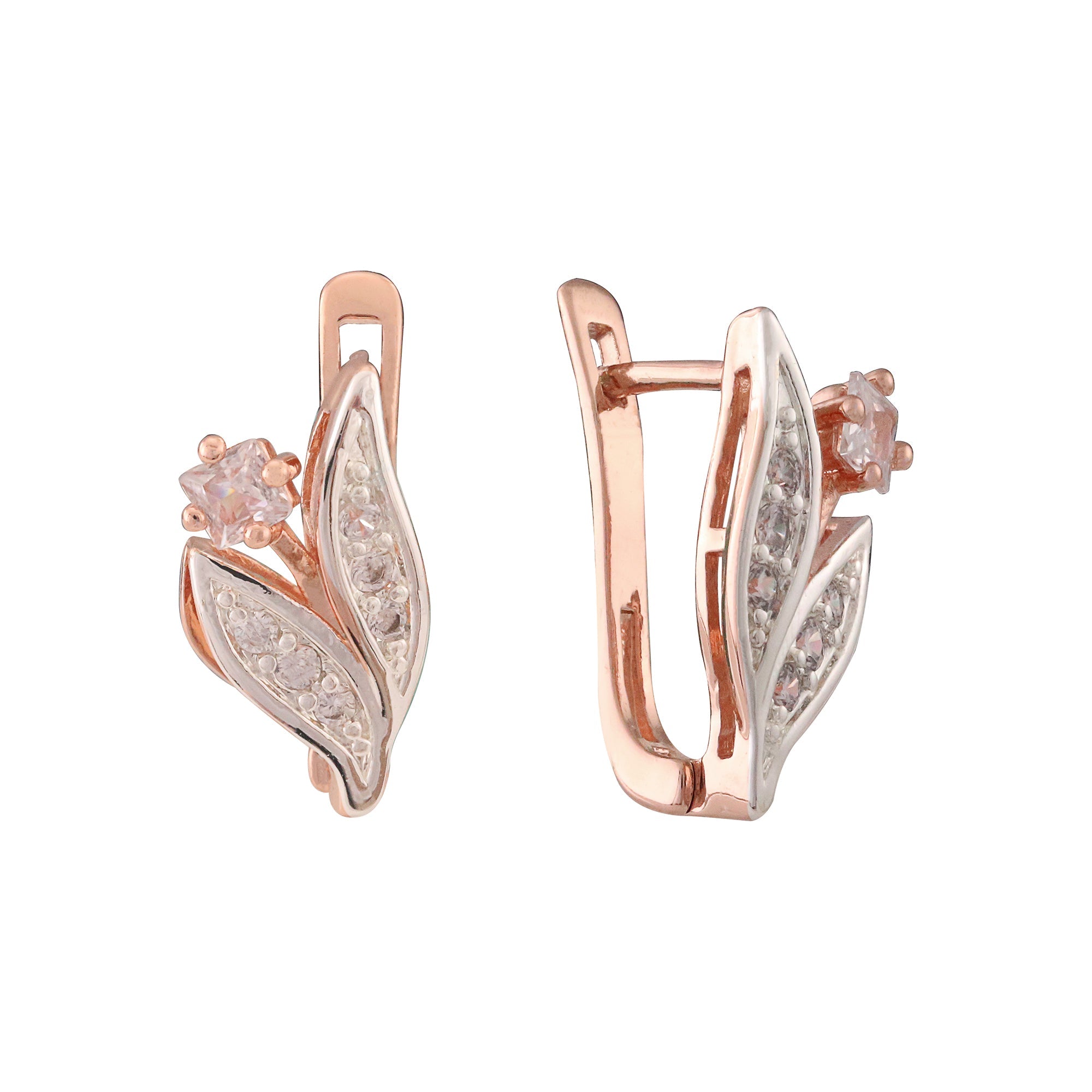 Серьги Leaves Cluster из белого фианита и розового золота двухцветные