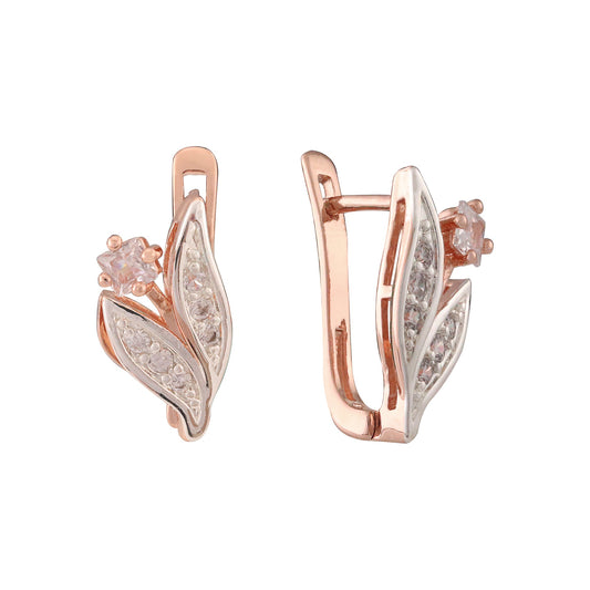 Серьги Leaves Cluster из белого фианита и розового золота двухцветные