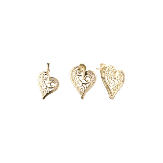 Conjunto de racimo de corazón de filigrana enchapado en Oro 14K, oro blanco