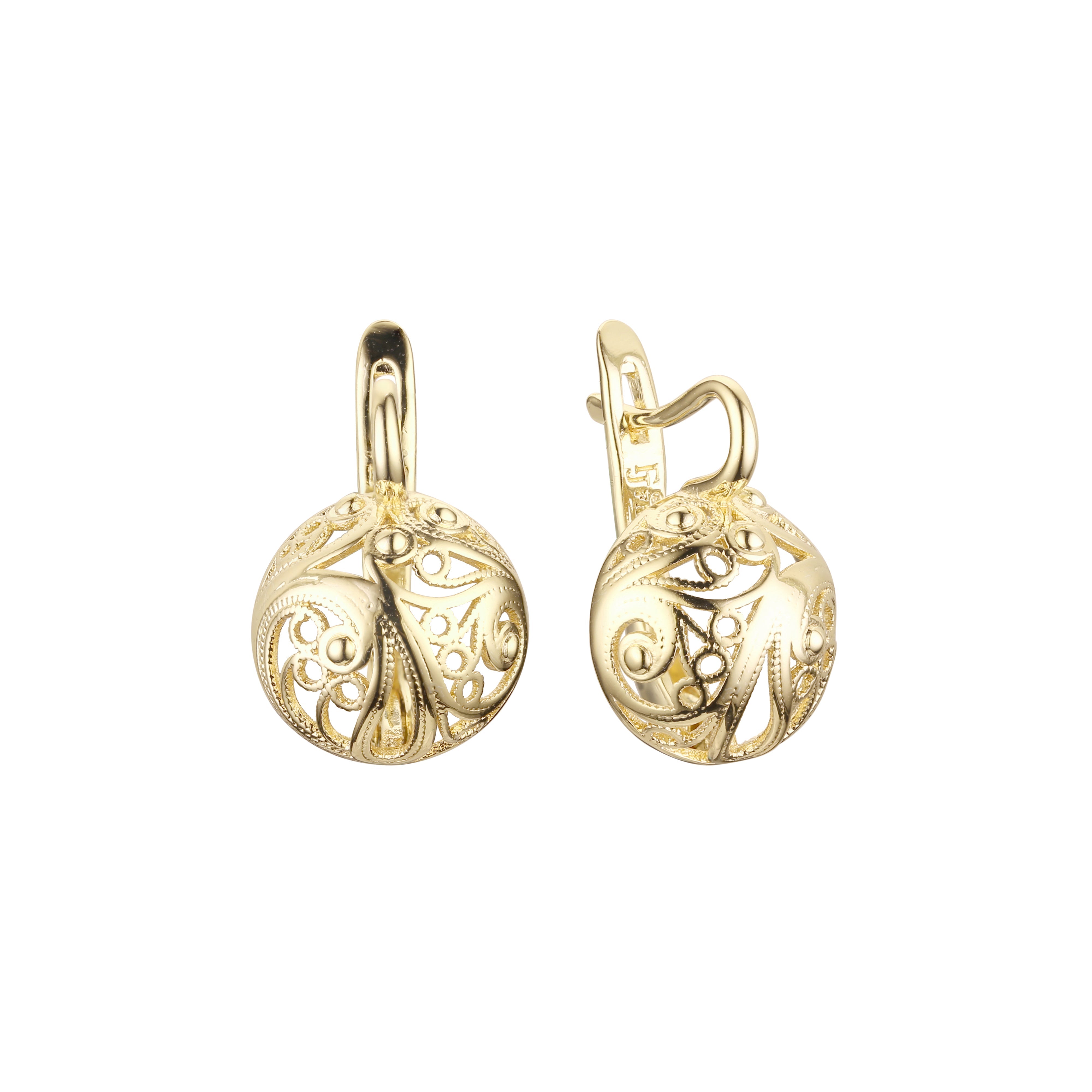Pendientes de clip con forma de globo terráqueo de filigrana semiesférica en oro de 14 quilates y oro rosa.