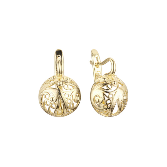 Pendientes de clip con forma de globo terráqueo de filigrana semiesférica en oro de 14 quilates y oro rosa.