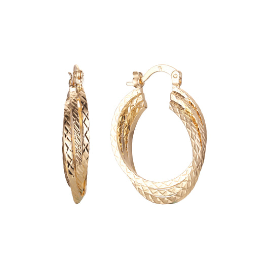 Aretes tipo argolla de oro de 14 quilates con textura de tres hileras