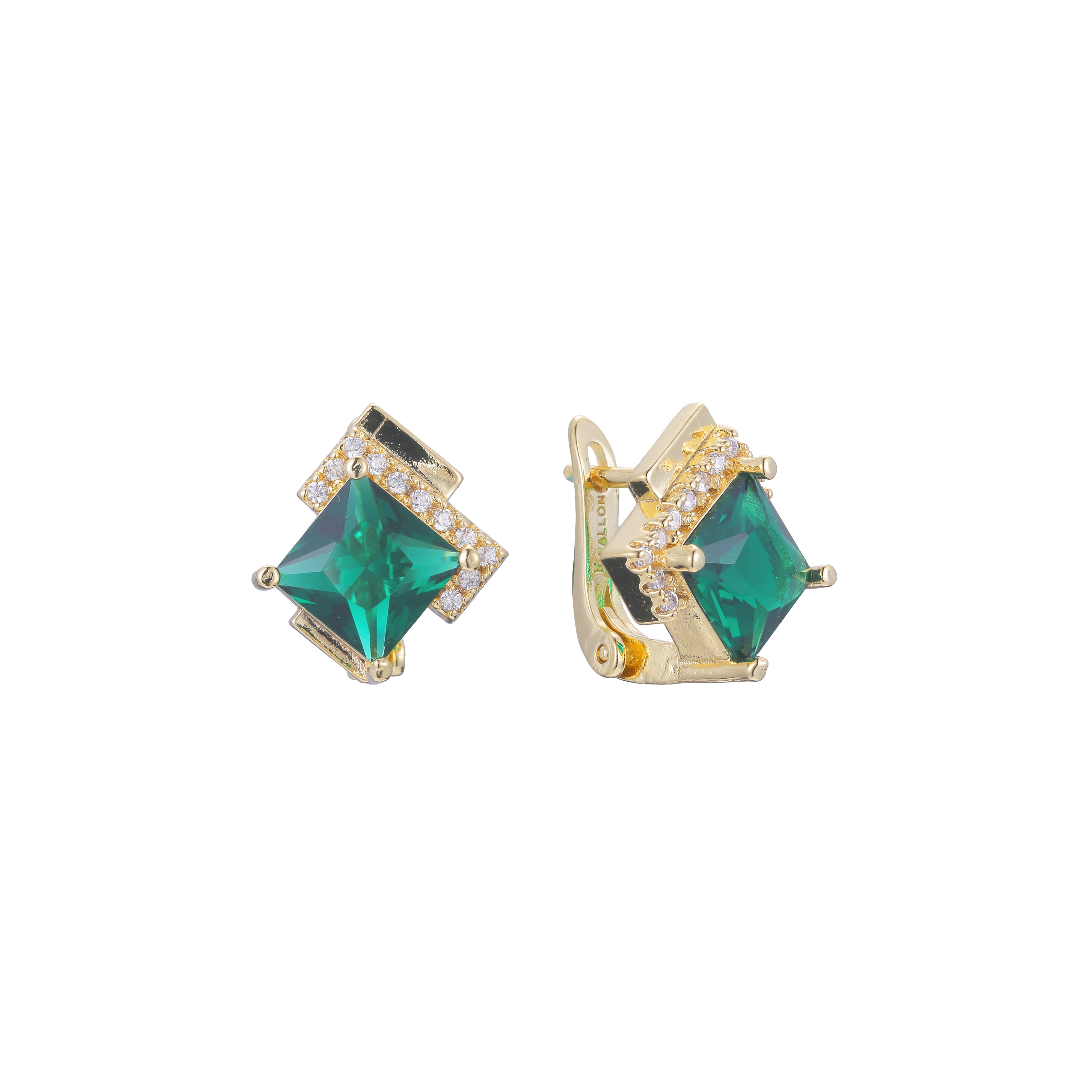 Aretes solitarios de piedra grande talla esmeralda en colores baño de Oro 14K, Oro 18K, Oro Rosa