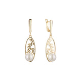 Brincos elegantes de folhas de pérola em ouro 14K, cores banhadas a ouro rosa