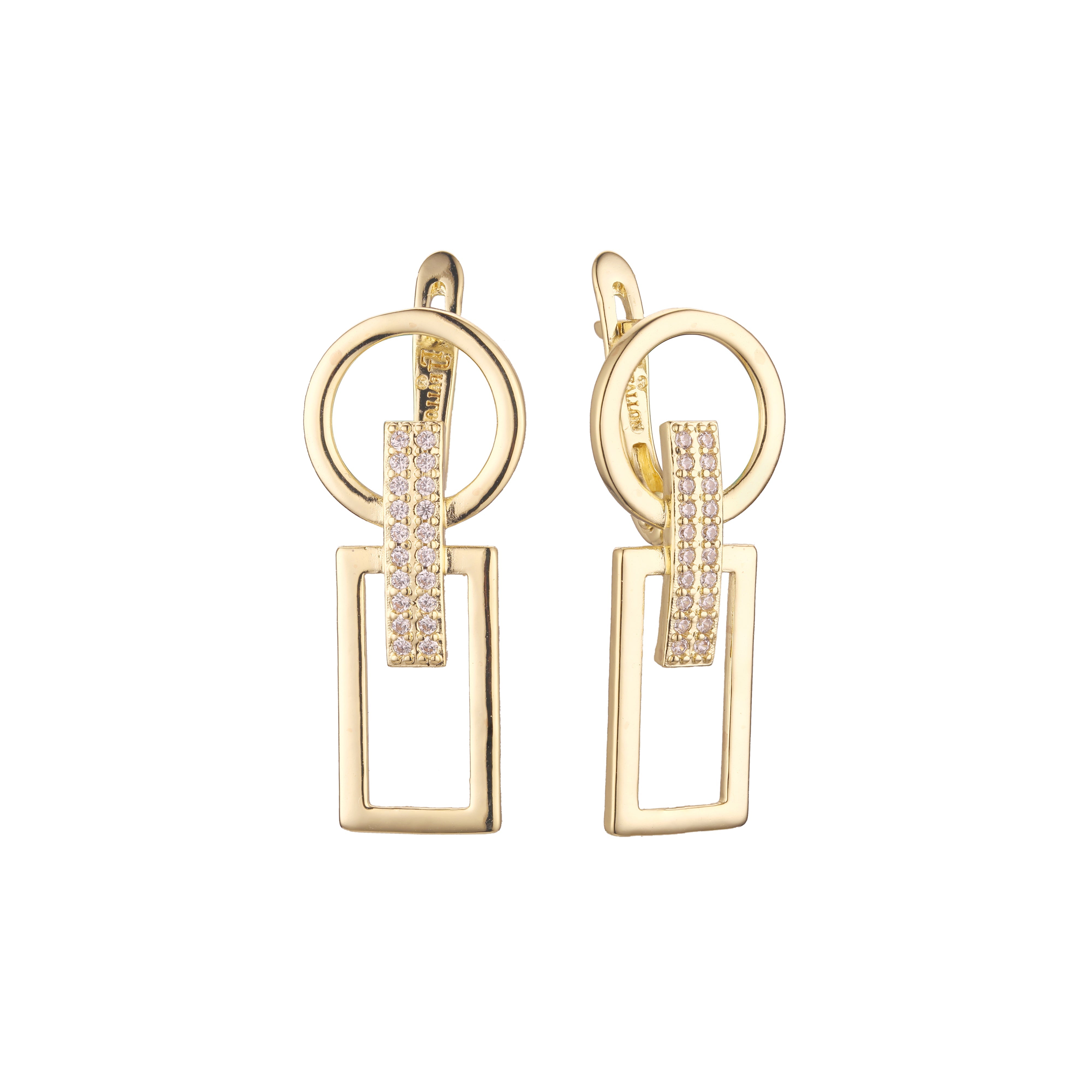 14K ゴールド、ローズゴールド、ツートーンメッキの幾何学的な円と一致する長方形のイヤリング