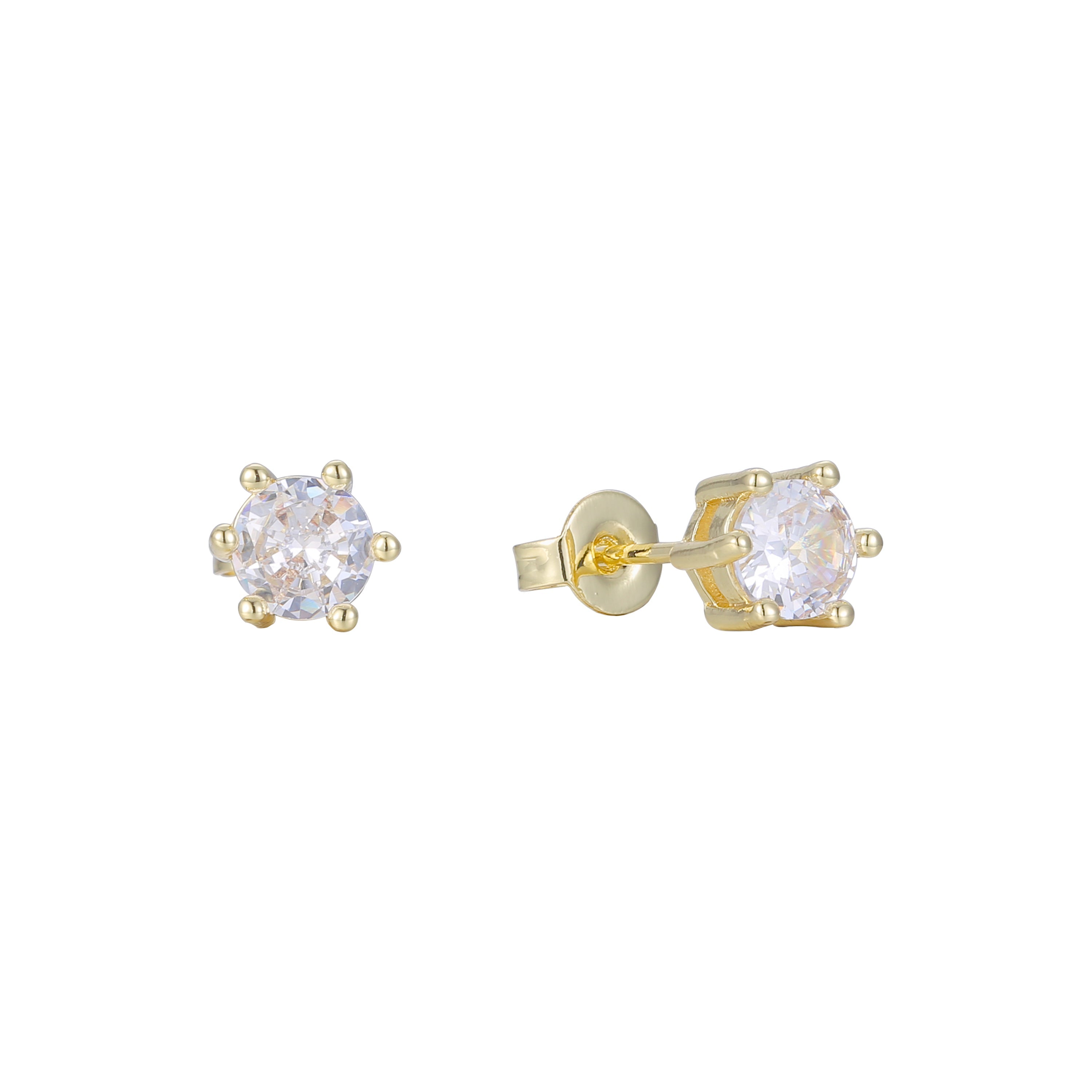 ソリティア 6 爪ホワイト CZ 14K ゴールド スタッド ピアス