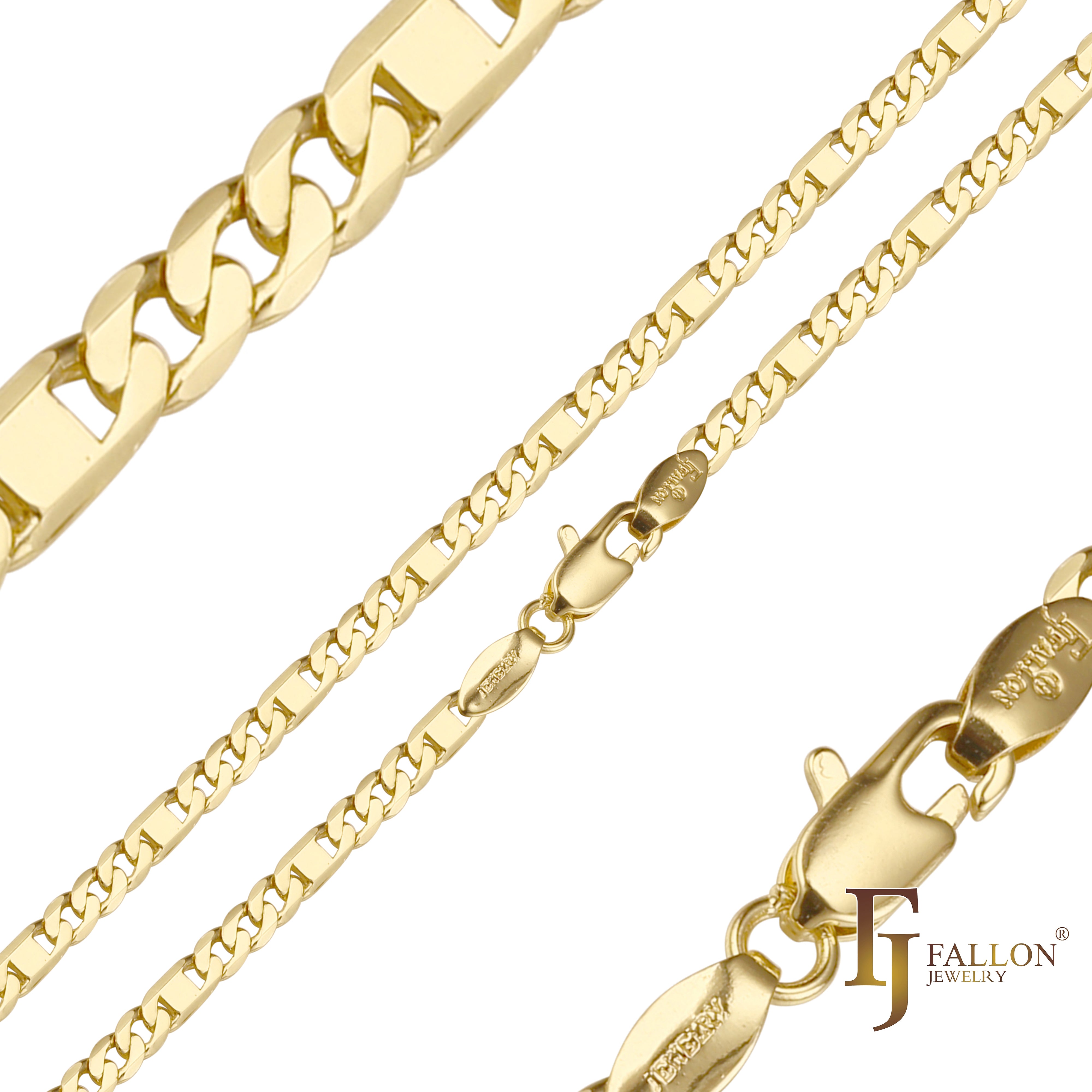 Cadena de eslabones Figaro mixtos con eslabones de espejo en oro blanco de 14 quilates.