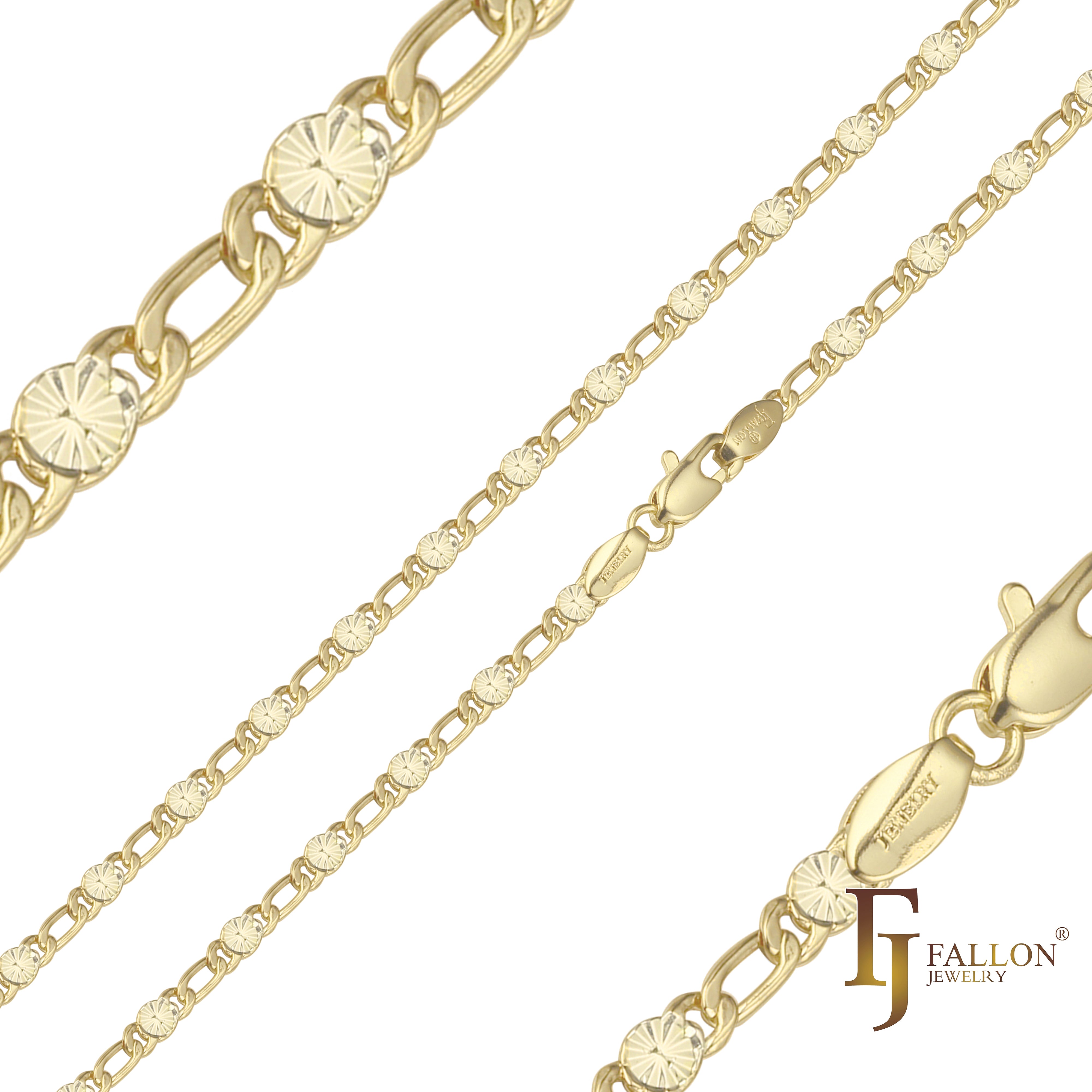 Figaro Fancy link sunburst hammered chains plated in 14K Gold, Rose Gold, two tone