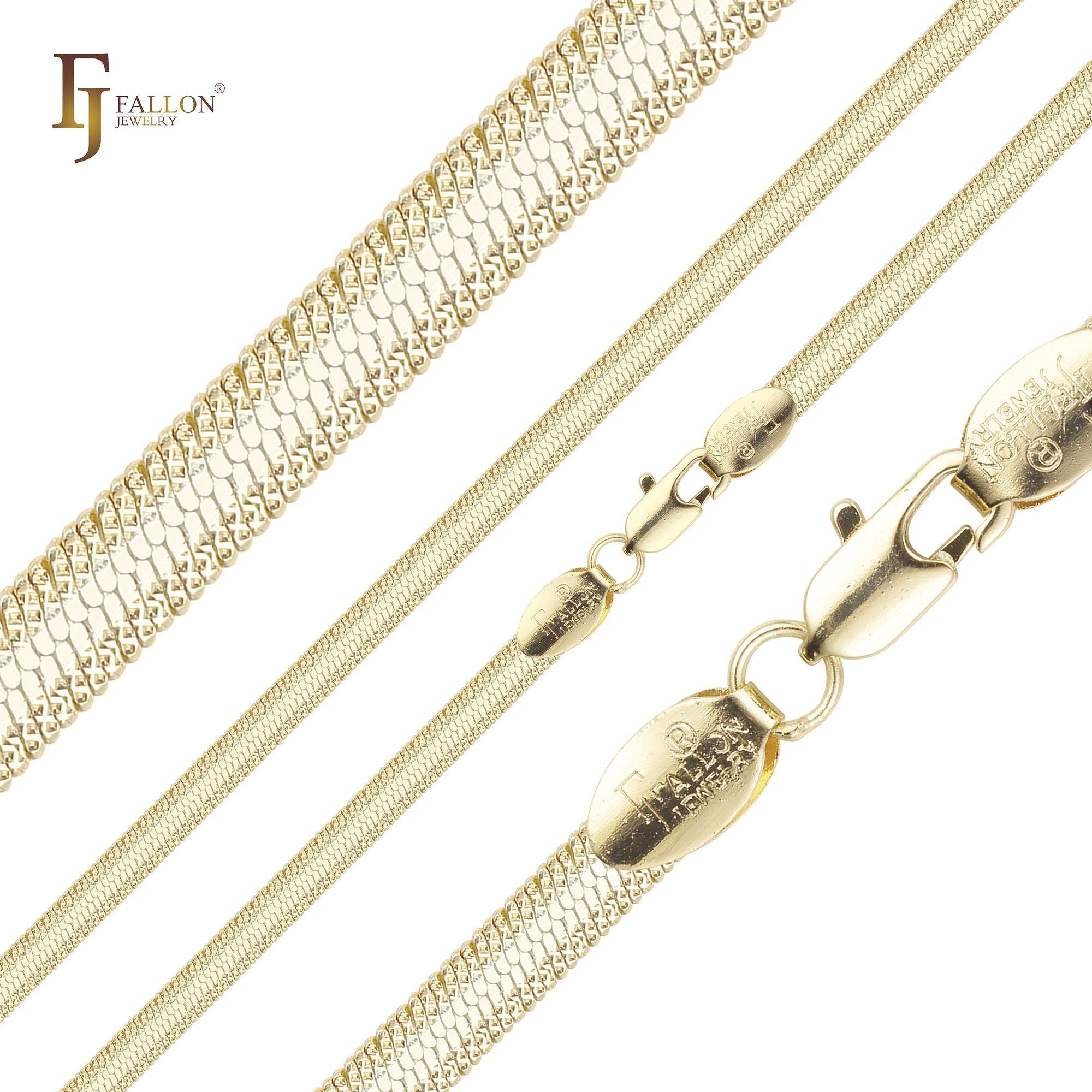 Flat Snake flank cross hammered chains plated in 14K Gold, Rose Gold, two tone