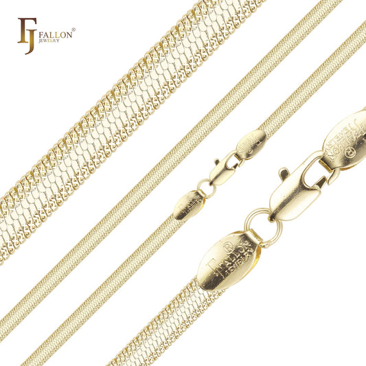 Flat Snake flank cross hammered chains plated in 14K Gold, Rose Gold, two tone