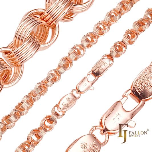 Cuádruple cuatro cadenas de eslabones tipo cable rolo chapadas en Oro 14K, oro rosa