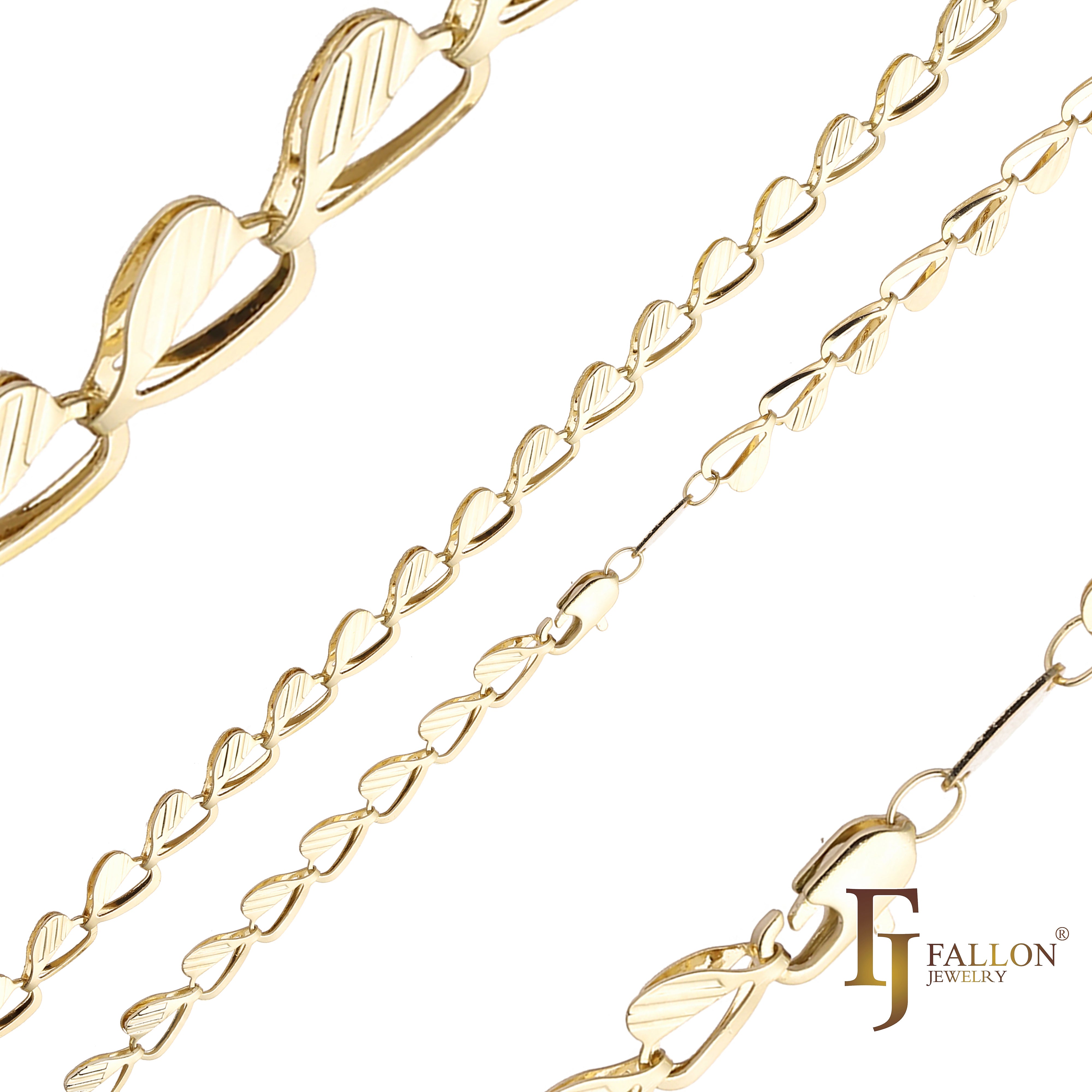 Cadenas de acero con eslabones elegantes de corazón y hojas chapadas en oro blanco, oro de 14 quilates, oro rosa, dos tonos