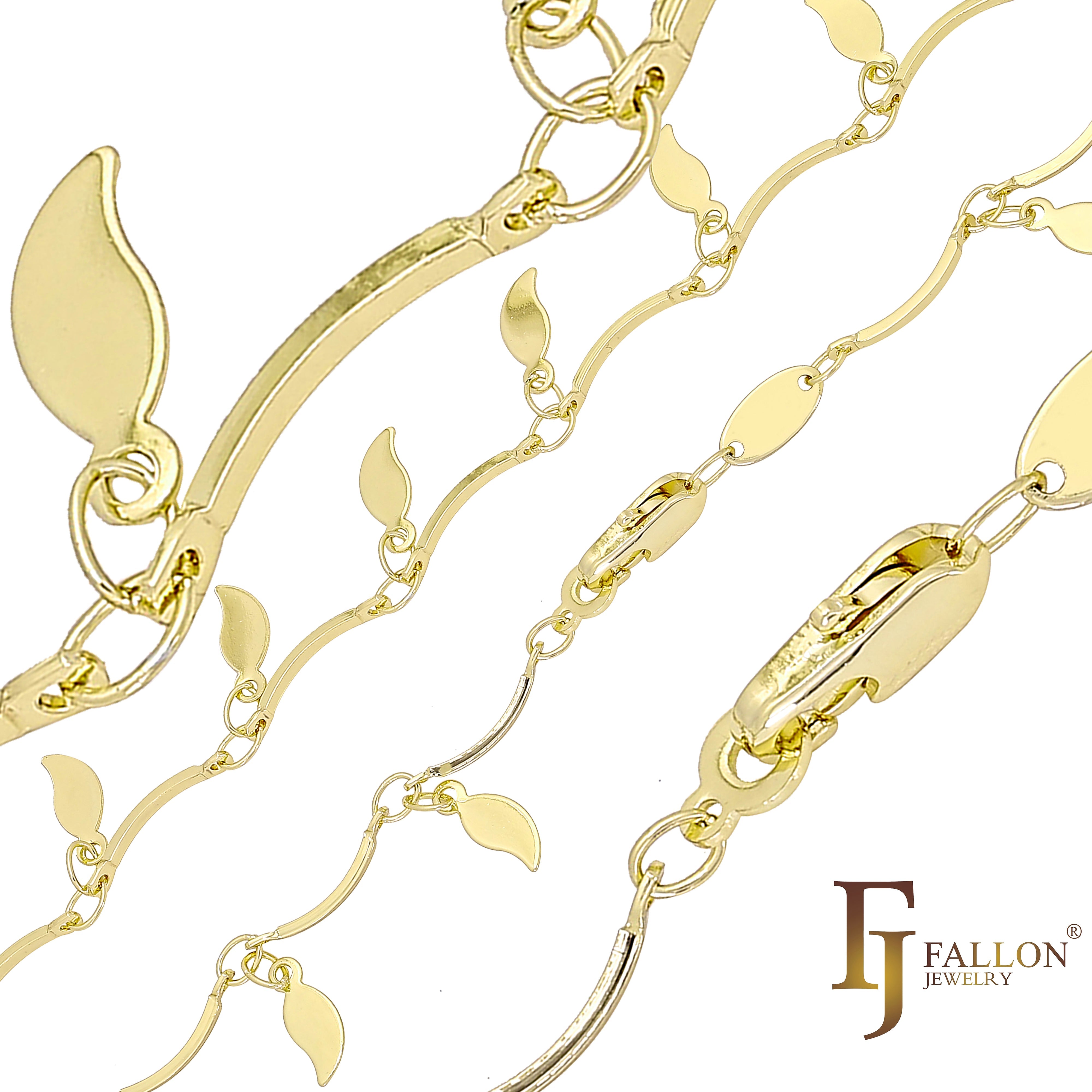 Hojas de fantasía y cadenas de eslabones de barra chapadas en oro blanco, Oro 14K, oro rosa