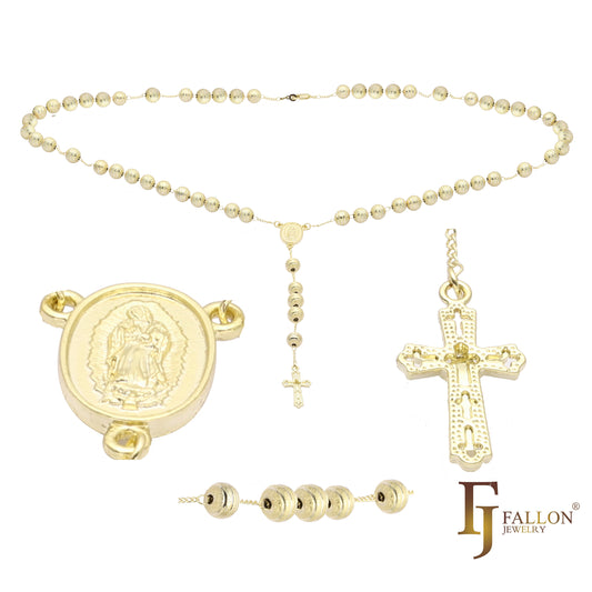 Italian Virgin of Guadalupe Catholic Rosary Necklace (Brushed Grooved Beads) plated in 14K Gold two tone