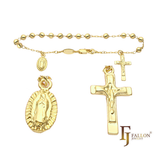 Italian Virgin of Guadalupe Catholic Rosary Necklace (Polished Round Beads) plated in 14K Gold, 14K Gold two tone