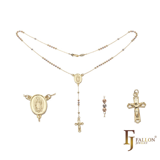 Italian Virgin of Guadalupe Catholic Rosary Necklace (Polished Round Beads) plated in 14K Gold, 14K Gold two tone