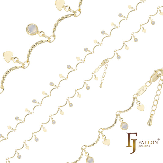 Cadenas de tobilleras de piedra blanca con eslabones de barra chapados en Oro 14K, oro rosa