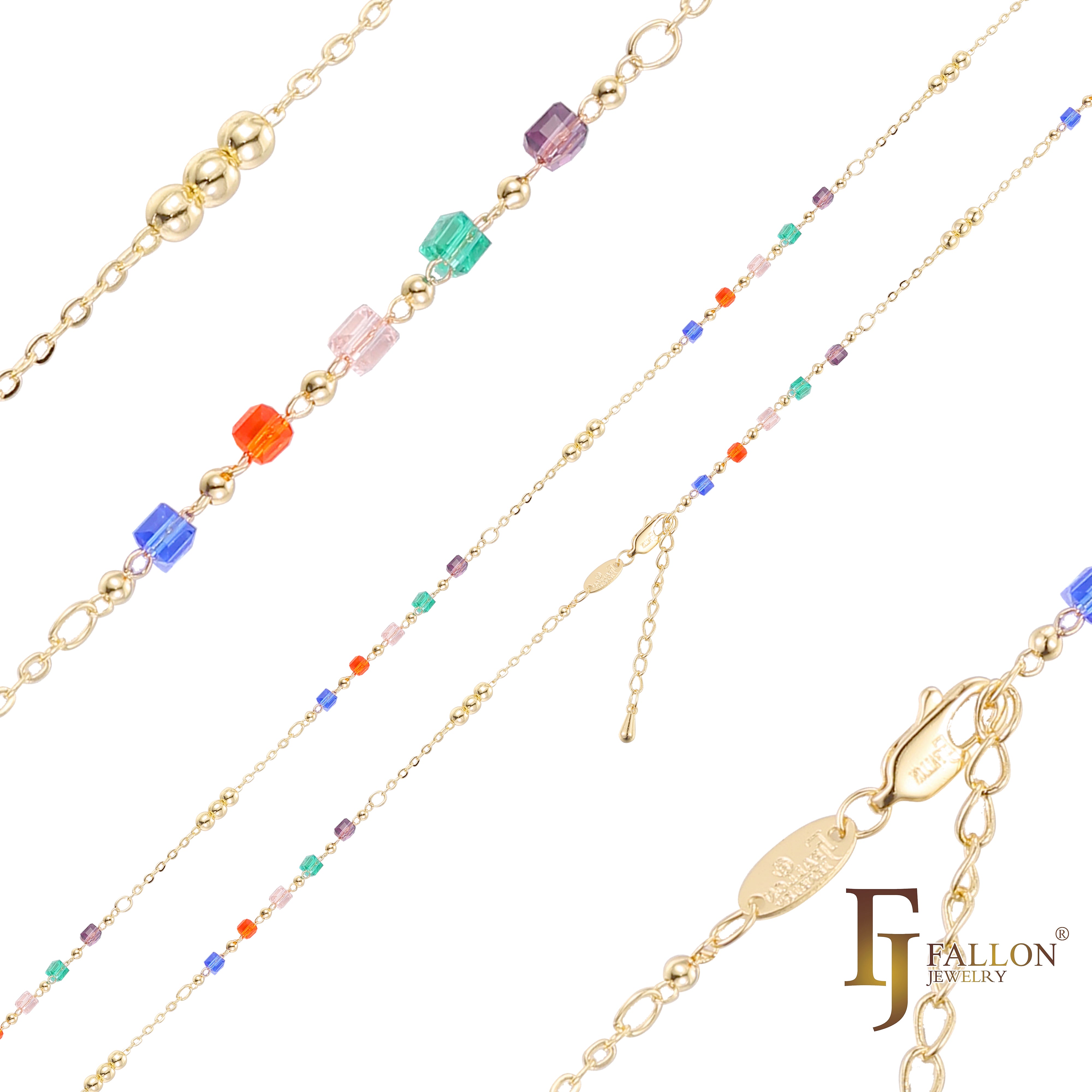 Tobillera con eslabones de cuentas y cubos de colores, chapada en Oro 14K, oro rosa