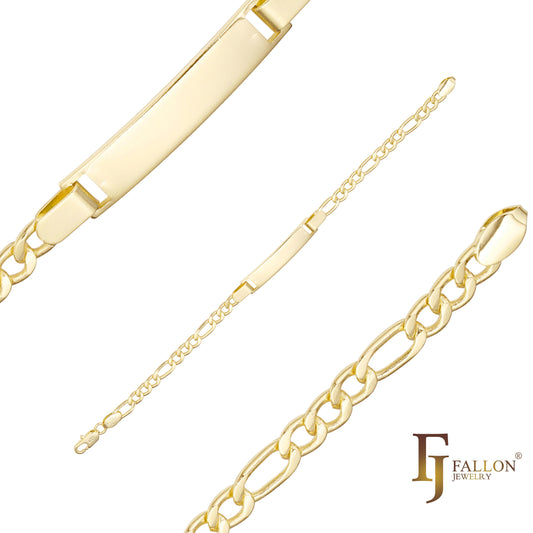 Pulseras de identificación para hombre con eslabones Figaro redondos chapados en Oro 14K.