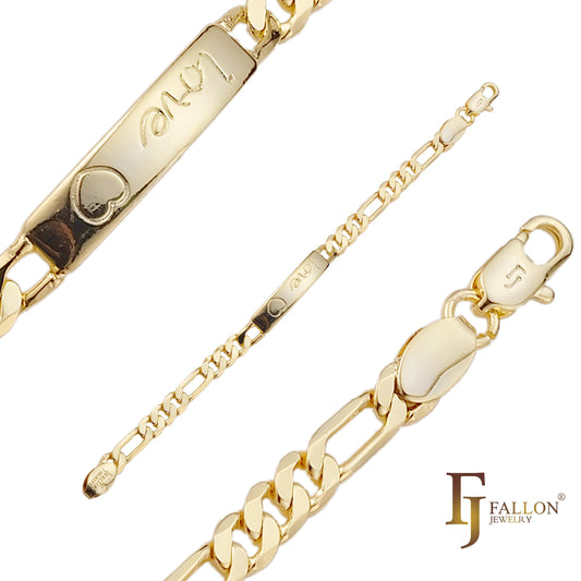 Pulseras identificativas de hombre con eslabones Figaro con amor y corazón chapados en oro de 14K colores