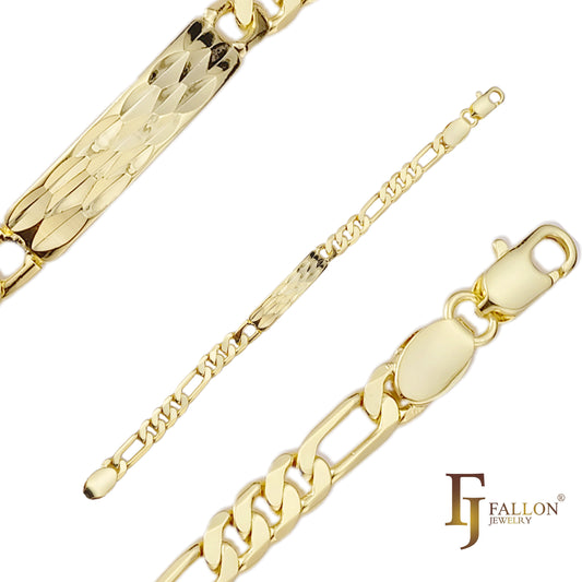 Pulseras de identificación para hombre con eslabones Figaro redondos chapados en Oro 14K.