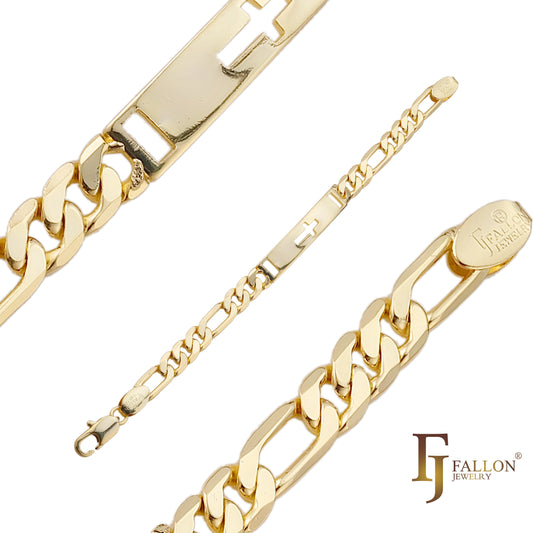 Pulseras identificativas de hombre Figaro link con Cruz chapadas en oro de 14K colores