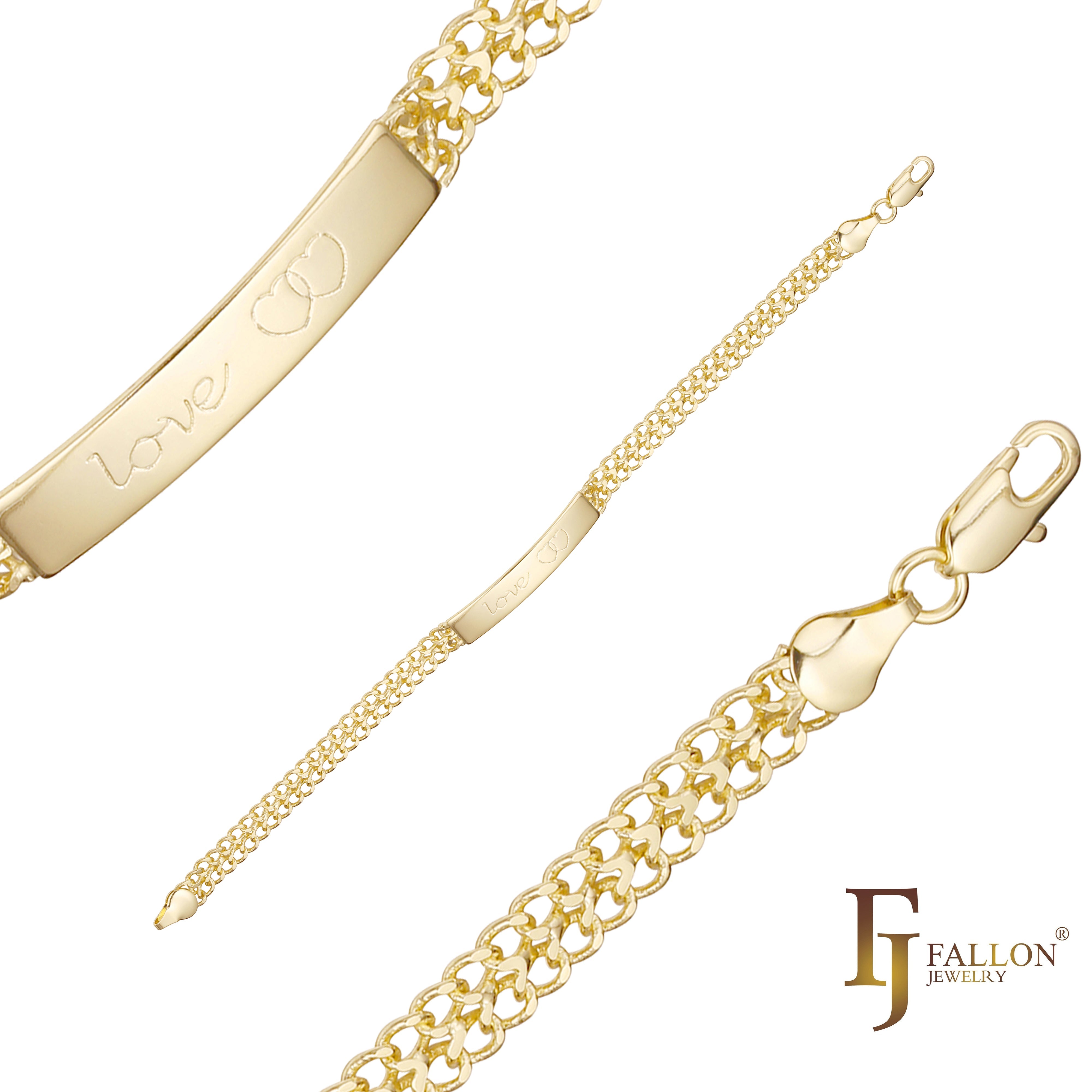 Pulseras dobles de eslabones identificativos cubanos para hombre con amor y doble corazón enchapada en oro de 14K colores
