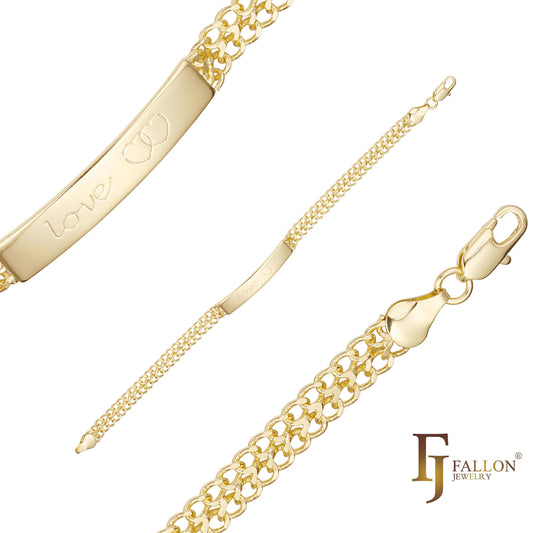 Pulseras dobles de eslabones identificativos cubanos para hombre con amor y doble corazón enchapada en oro de 14K colores