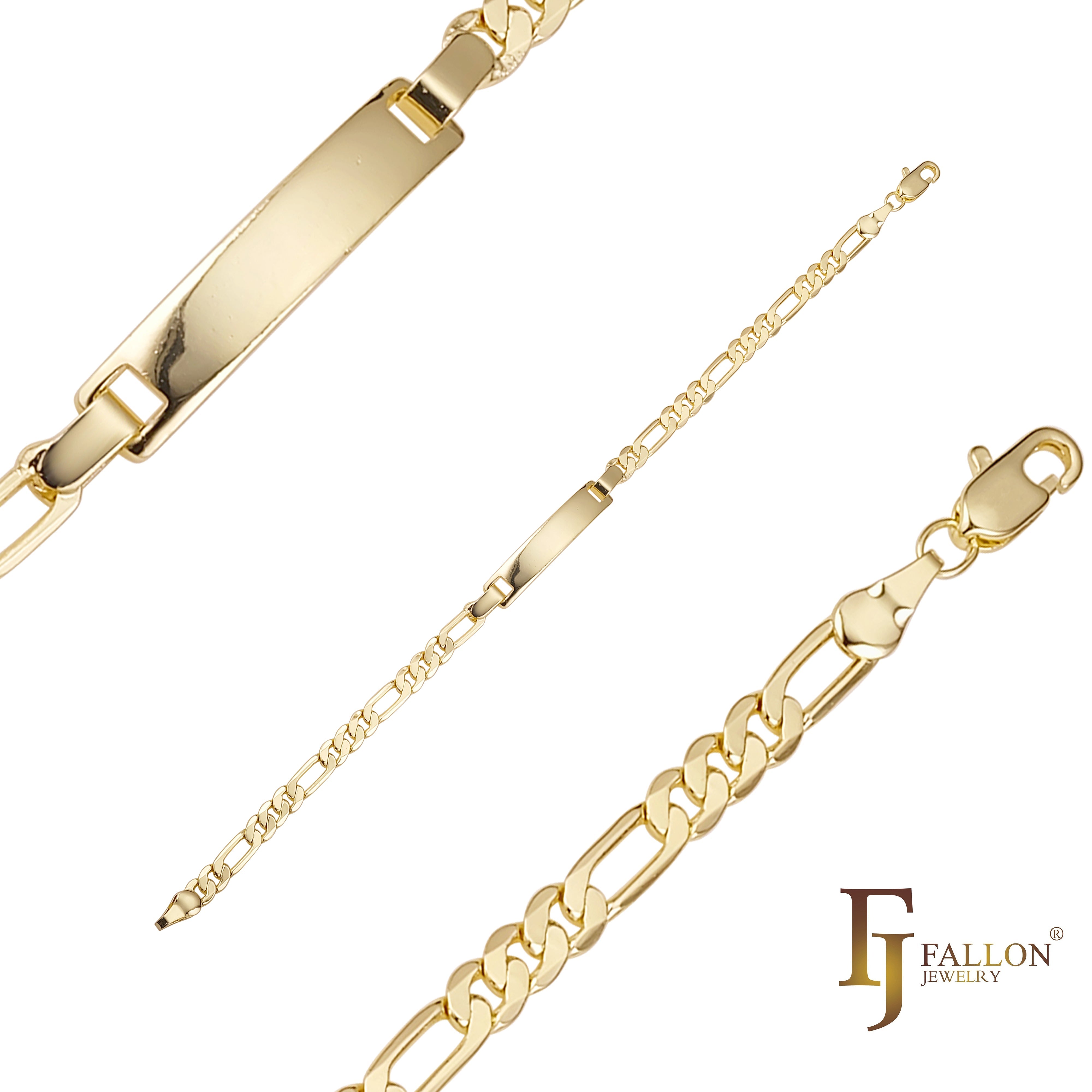 Pulseras de identificación para hombre de oro de 14 quilates grabable con eslabones Figaro con cierre de caja