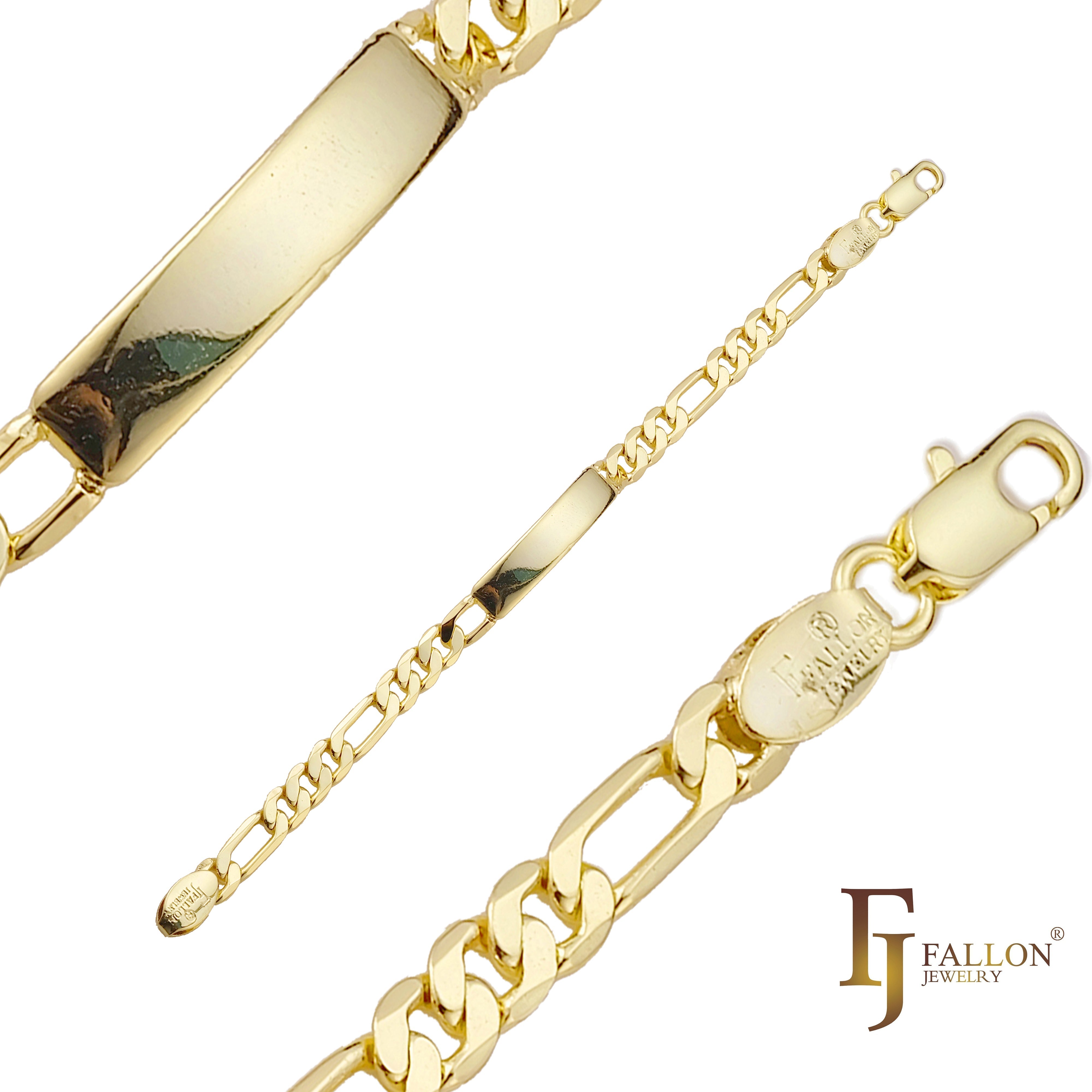 Pulseras de identificación para hombre de oro de 14 quilates grabable con eslabones Figaro