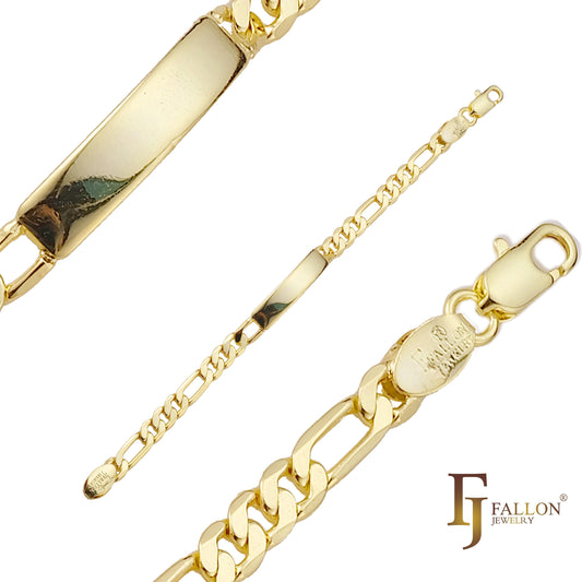 Pulseras de identificación para hombre de oro de 14 quilates grabable con eslabones Figaro
