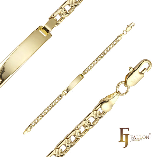 カーブ リンク メンズ ID ブレスレット、14K ゴールドメッキ、ツートーンカラー