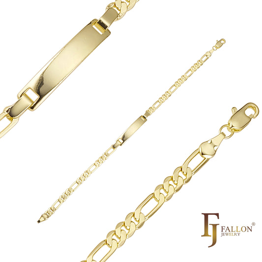 Pulseras de identificación para hombre de oro de 14 quilates grabable con eslabones Figaro con cierre de caja