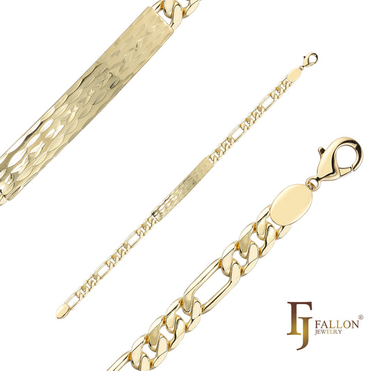 Bonitos brazaletes de identificación para hombre con eslabones Figaro pulidos chapados en Oro 14K.