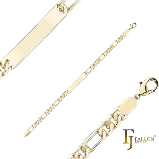 Bonitos brazaletes de identificación para hombre con eslabones Figaro pulidos chapados en Oro 14K.