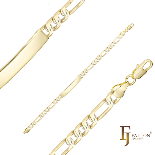Figaro link trace martillado oro de 14 quilates, pulseras de identificación para hombres grabables en dos tonos