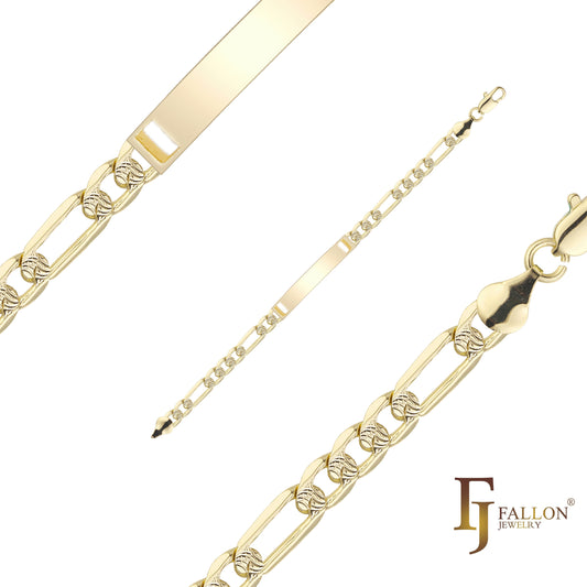 Figaro enlace ondulado martillado 14K oro grabable Pulseras de identificación para hombres