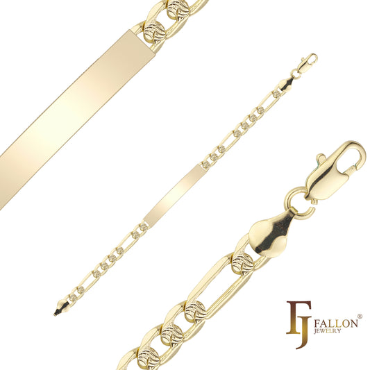 Figaro enlace ondulado martillado 14K oro grabable Pulseras de identificación para hombres