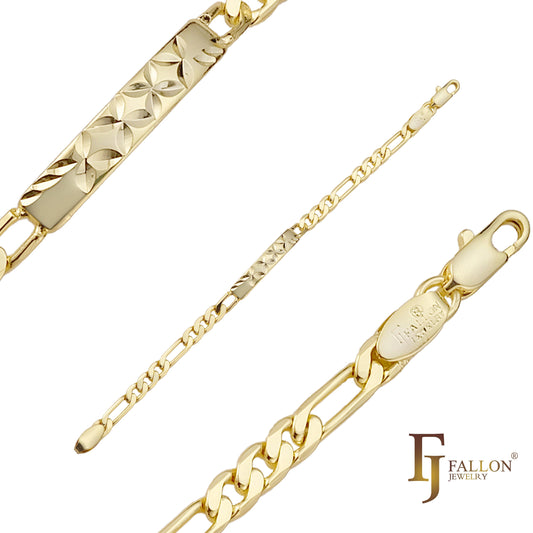 Figaro link Ouro 14K, dois tons, três tons Pulseiras masculinas Clover ID