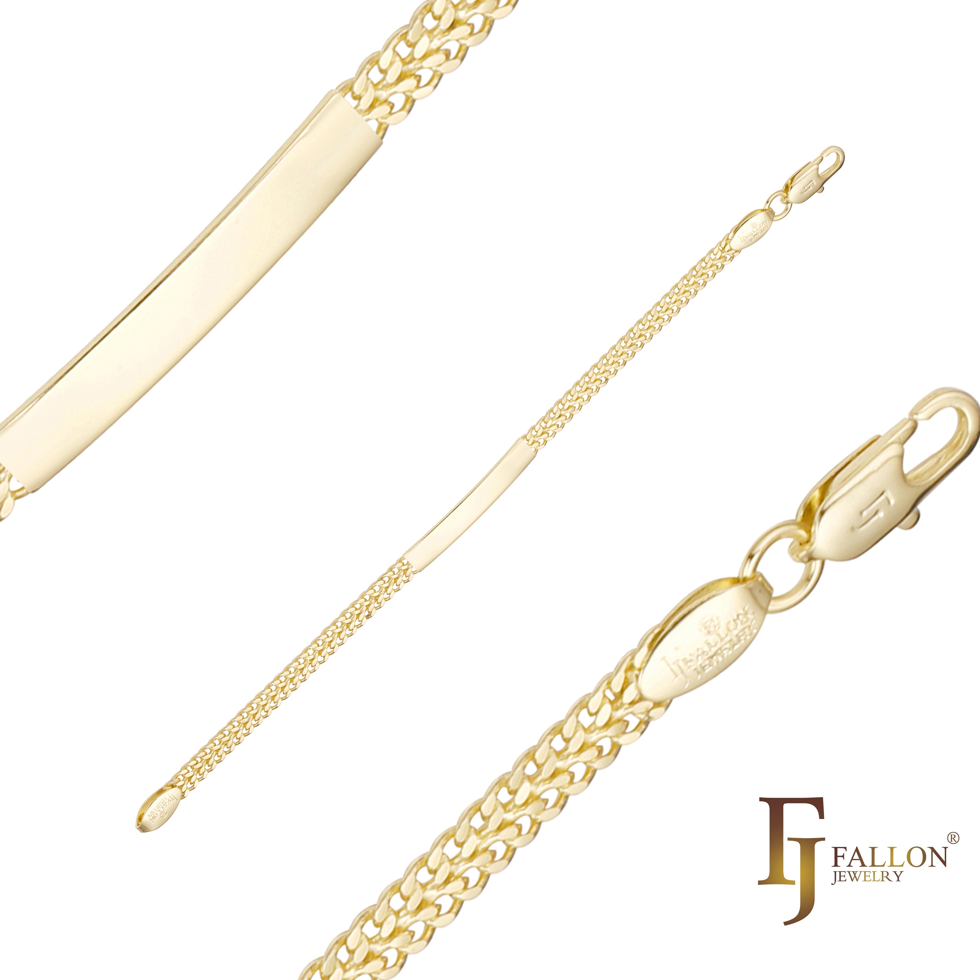 .Pulseras de identificación para hombre de oro de 14 quilates grabables con doble eslabón cubano