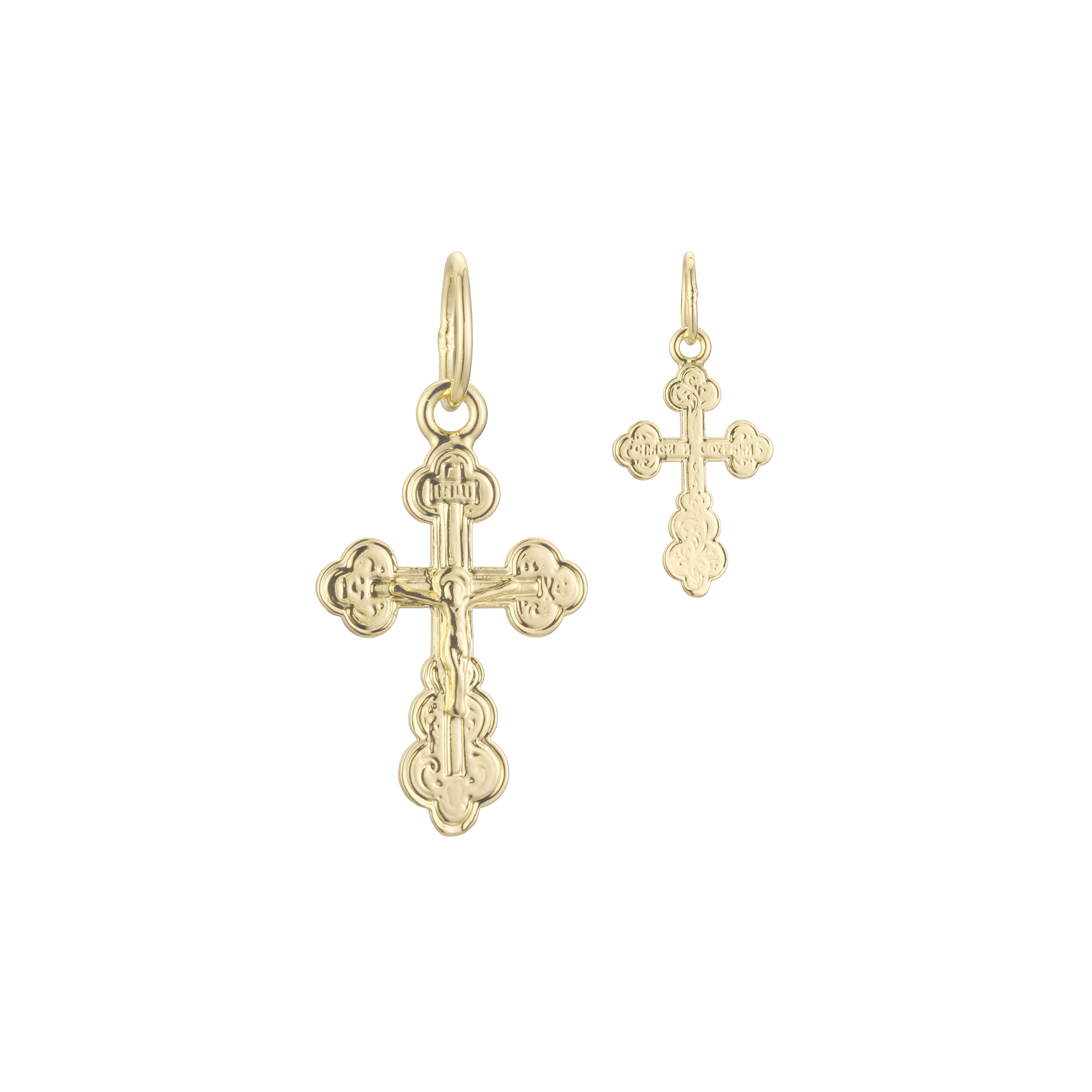 .Kruzifix-Anhänger mit katholischem Kreuz in den Beschichtungsfarben 14 Karat Gold, Roségold und Weißgold